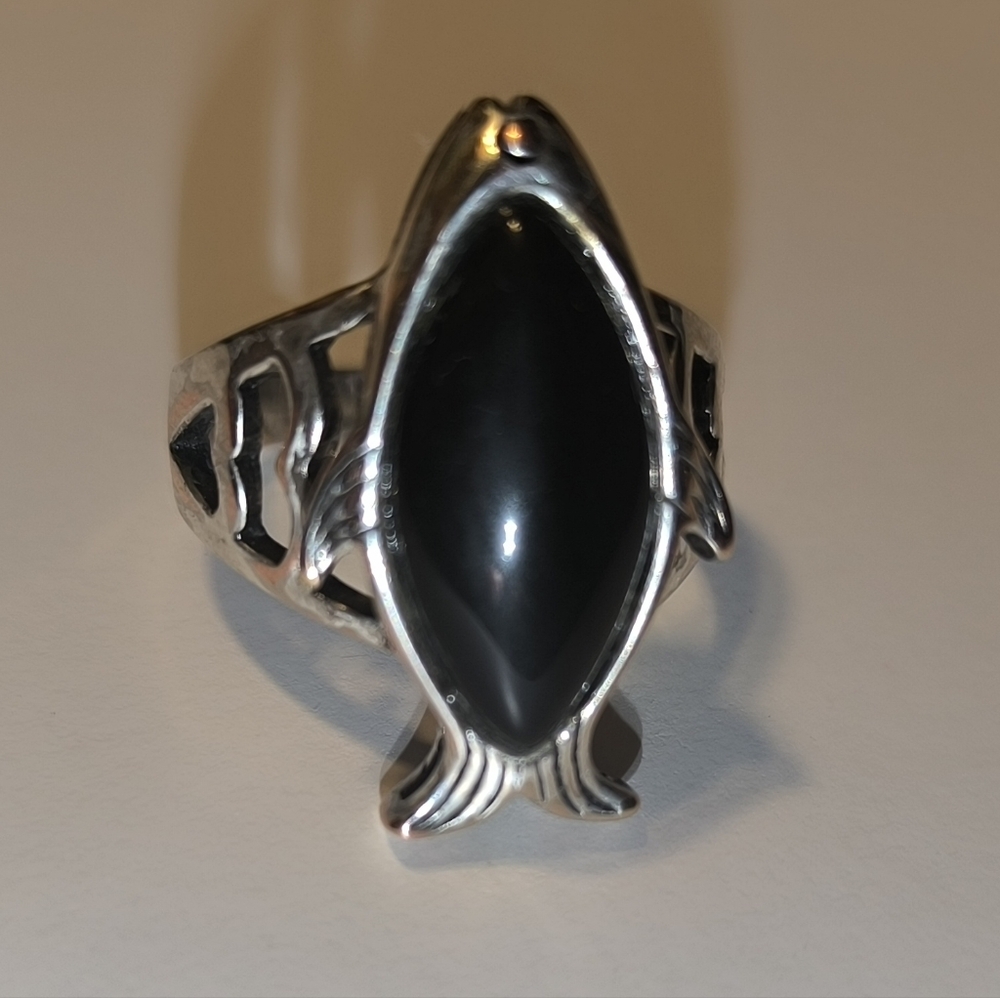 Large Textured Fish Black Onyx Sterling Silver Men Unisex Ring Size 10 - Picture 12 of 17